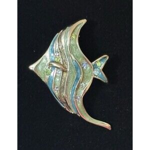 Vintage Angelfish Enamel & Rhinestone Silvertone Brooch